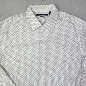 Perry Ellis Button Front Long Sleeve Shirt XLT White Black Geometric